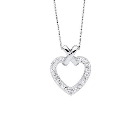 Sterling silver pendant set with cubic zirconias. Heart and kiss design.