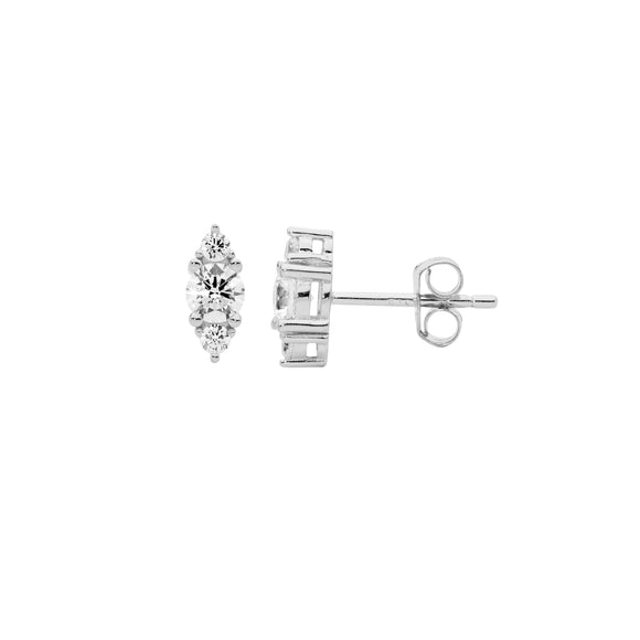 A pair of sterling silver earrings with a marquise shape with cubic zirconia, featuring stud fittings.