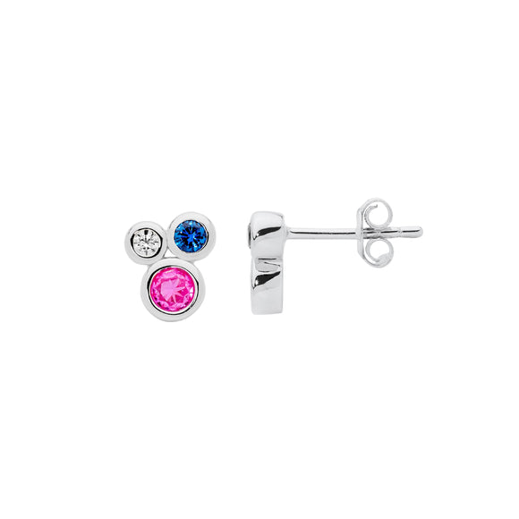 Sterling silver bezel set multi colour cubic zirconia cluster earrings. Featuring clear, blue and pink CZs.