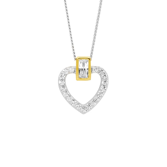 Heart pendant set with baguette and round cut cubic zirconias. Sterling silver rhodium and gold plated.  Free Delivery NZ Wide. P880G 
