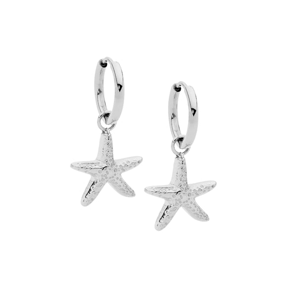 Stainless steel 11mm hoop earrings with starfish drop from Ellani Collections.