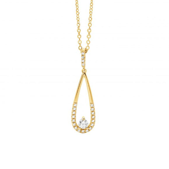 Sterling silver gold plated open tear drop shape pendant on necklace with sparkling cubic zirconias.