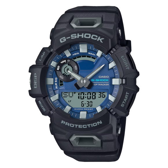 A G-Shock G-Squad Analogue with Digital display watch, Including a step tracker and Bluetooth. Featuring a black band, black case, and a blue dial.