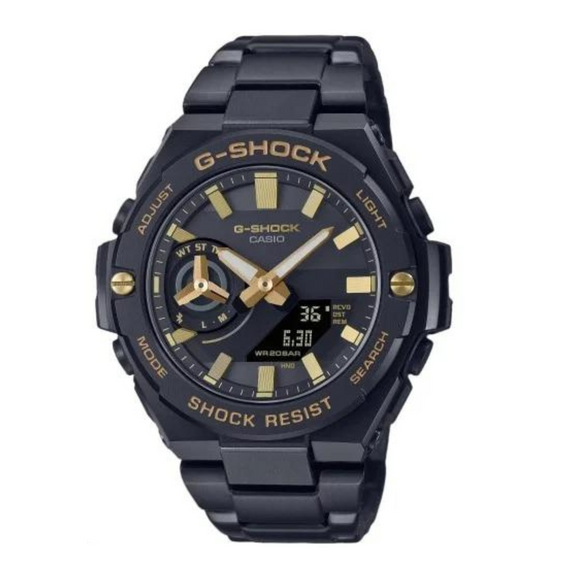 A G-Shock analogue black steel watch with gold accents on the bezel and face, featuring a digital display and a stainless steel band.