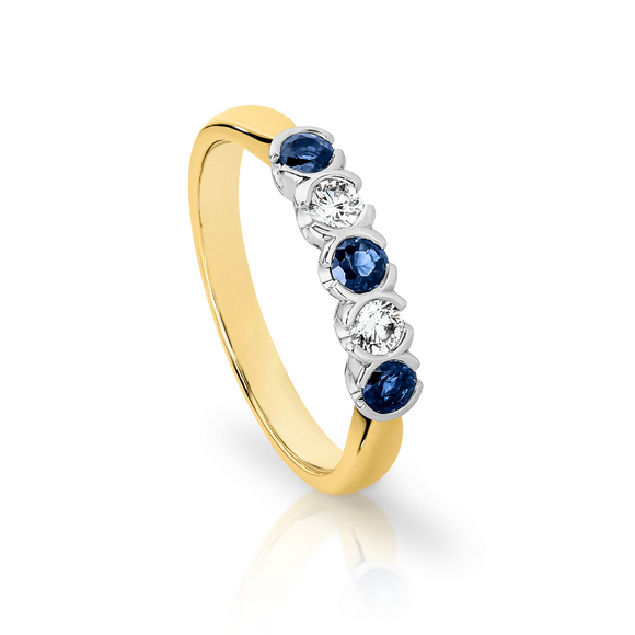 9ct Yellow Gold Sapphire & Diamond Semi Bezel Ring