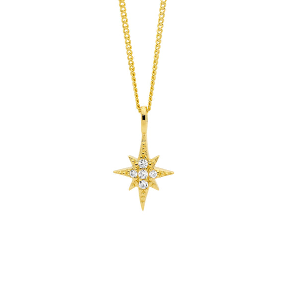 Beautiful North Star pendant in gold-plated sterling silver set with sparkling CZs, complete with gold-plated chain.