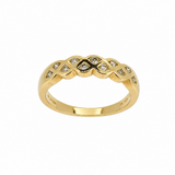 A yellow gold ring featuring a decorative openwork band with small clear gemstones set in a repeating geometric pattern, shown on a plain white background.