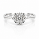 Pretty diamond flower cluster ring set in 9ct white gold with twist details on shoulders.