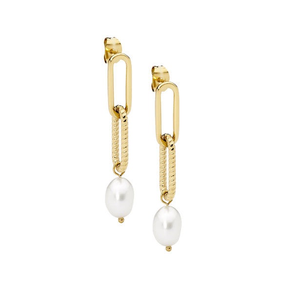 Ellani Gold Steel Paperclip Style Drop Earrings with Pearls