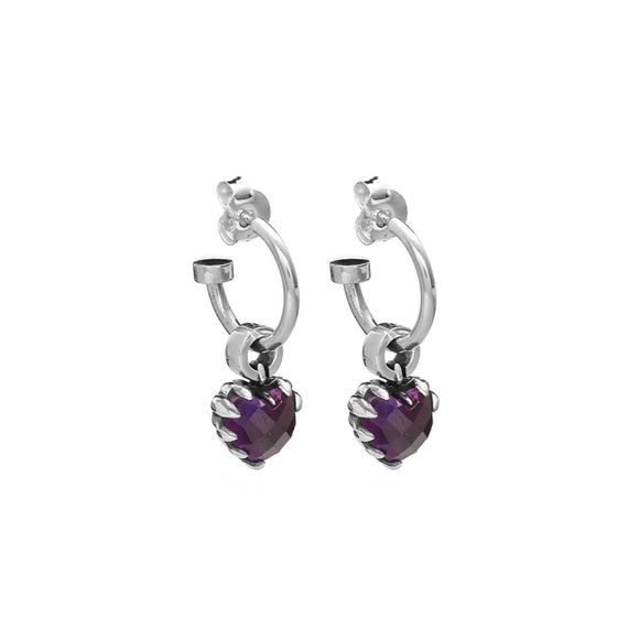 A pair of dark amethyst coloured earrings with heart-shaped amethyst stone charms, suspended on hoop earrings with a butterfly closure.
