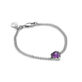 A dark amethyst love claw bracelet with a solid sterling silver setting and two fine silver chains.