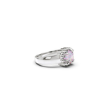 Pink Bello Opal secured in square claw setting. Sterling silver polished band and setting of the blush-pink stone revealing flashes of green, blue and gold.