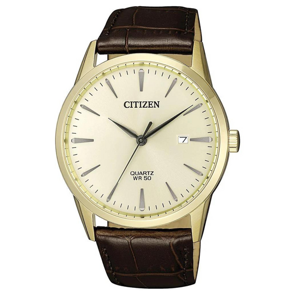 Citizen Gents Quartz Gold Watch with Brown Leather