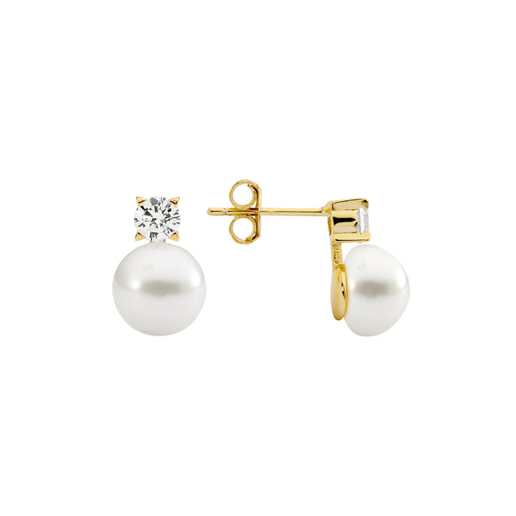 Ellani Gold CZ & White Pearl Hook Earrings