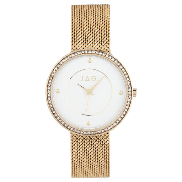 Jag Antoinette Gold Watch with Crystals & Mesh Strap