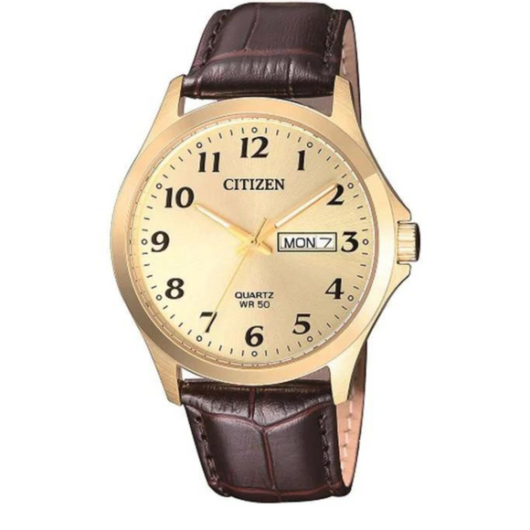 Citizen Gents Gold Watch Brown Leather Strap