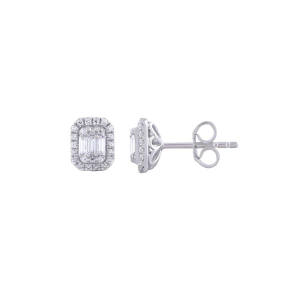 White Gold Baguette with Halo Diamond Stud Earrings