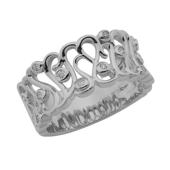 Wide white gold ring with squiggle pattern with random set diamonds in bezel settings