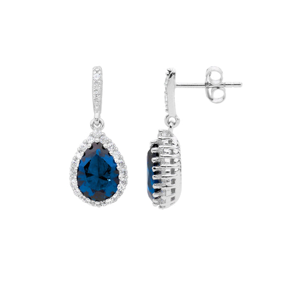 Ellani Silver London Blue CZ Drop Earrings