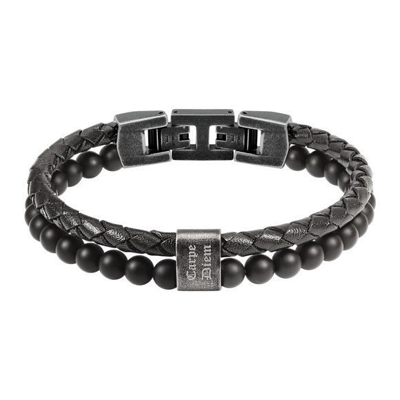 Rochet Men's Black Bead and Leather Bracelet