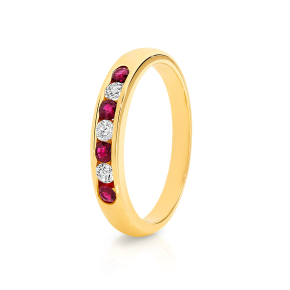 9ct Yellow Gold Diamond & Ruby Channel Set Ring