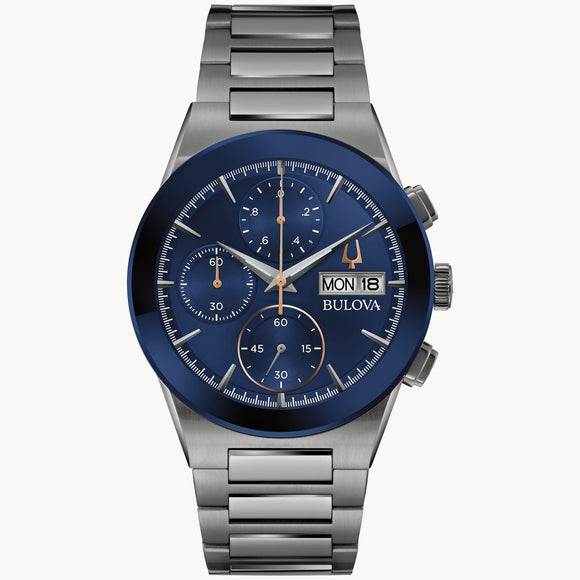 Bulova Gents Gunmetal & Blue Chronograph Watch