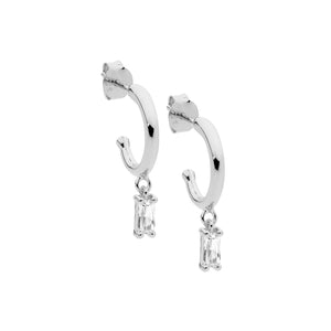 Ellani Silver Hoop Earrings with Baguette CZ Drops