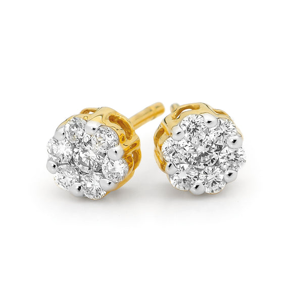 9ct Two Tone Diamond Cluster Stud Earrings