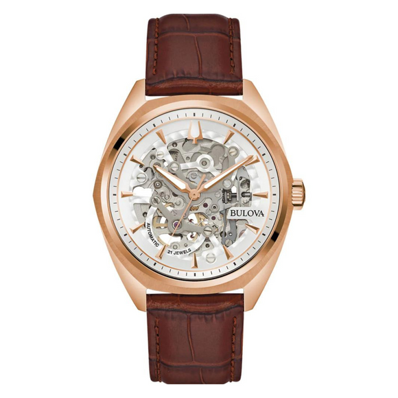 97A175 Bulova Gents Automatic Rose Gold Brown Leather Strap