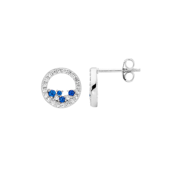 Ellani Open Circle Stud Earrings with Clear & Blue CZ