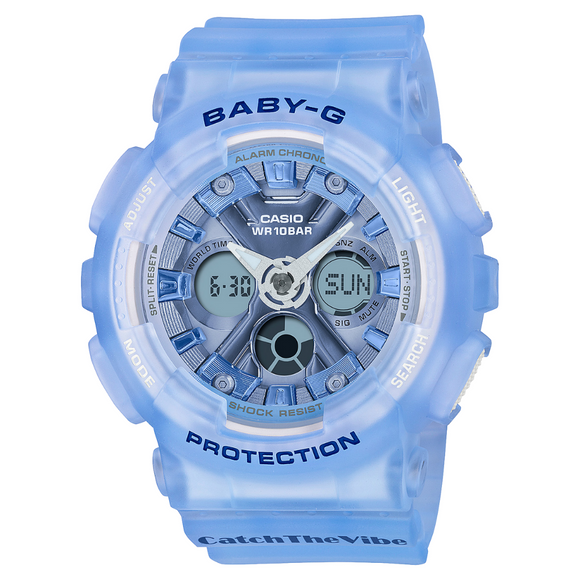 Casio Baby-G blue watch with a transparent band and case, featuring some white details. 