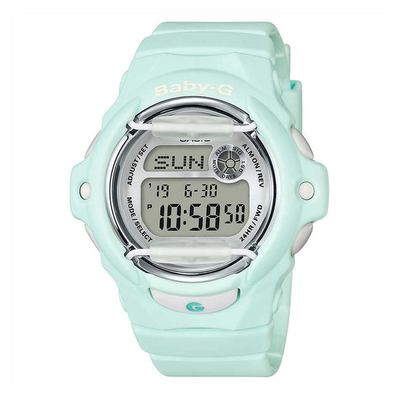A Casio Baby-G Pastel mint green  watch with white details on the face an buttons. 
