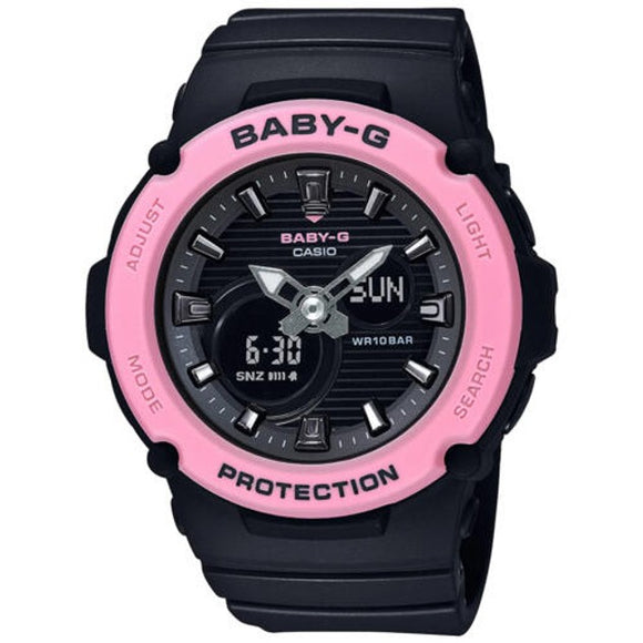 Casio Baby-G Black & Pink Watch with a pink bezel and black band, and a analogue and digital display.