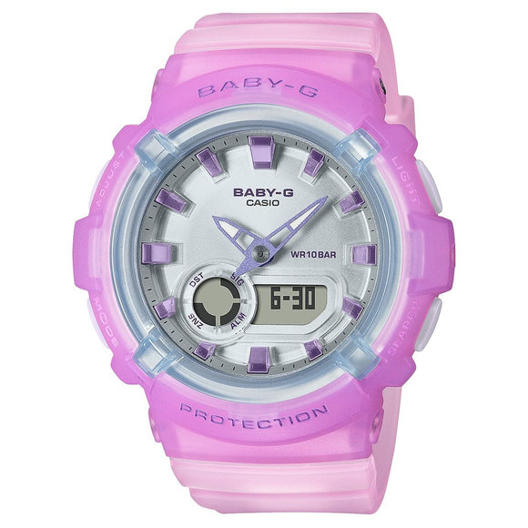 A Casio Baby-G Ana-Digi watch with a transparent pink strap and case with blue and purple details on the silver coloured face. 
