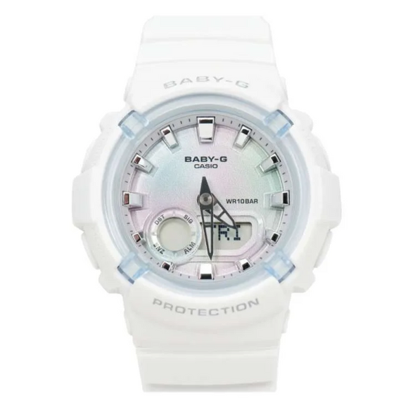 A Baby-G watch with a white strap and case with a Pastel iridescent colourful face.
