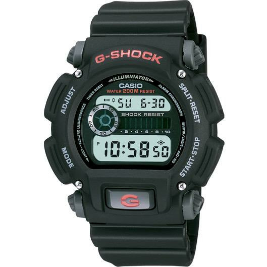 Casio G-Shock watch with 200m Water resistance with a digital display and red details. 