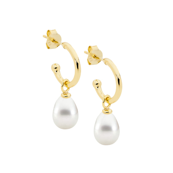 Gold Plated Sterling Silver hoop earrings with Freshwater Pearl Drop.