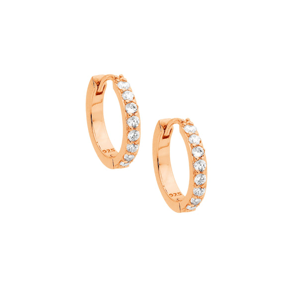 Rose Gold plated cubic zirconia huggie earrings with a 15mm diameter.