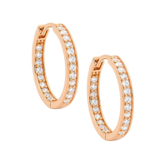 Ellani Rose gold plated huggies earrings with CZ detail on inside back of hoop, as well as the front of the hop.