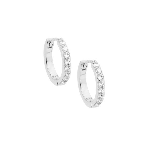 Sterling Silver huggie earrings set with cubic zirconias.