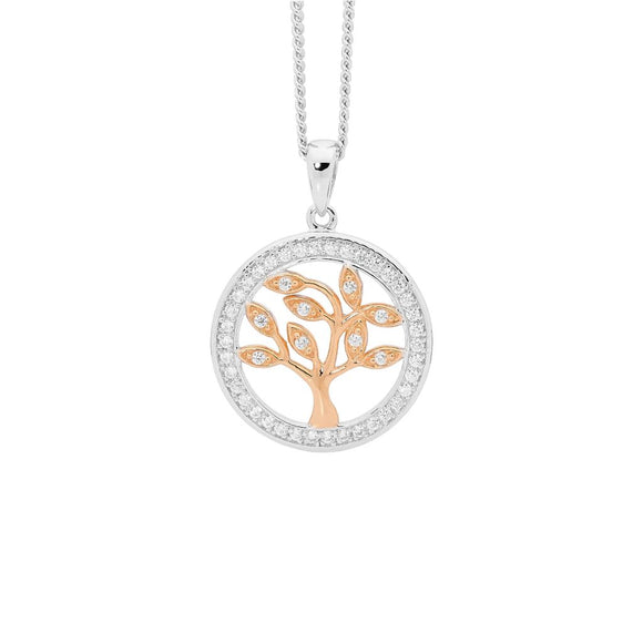 Sterling Silver and Rose Gold Plated Tree of life Pendant in an open circle with CZs.