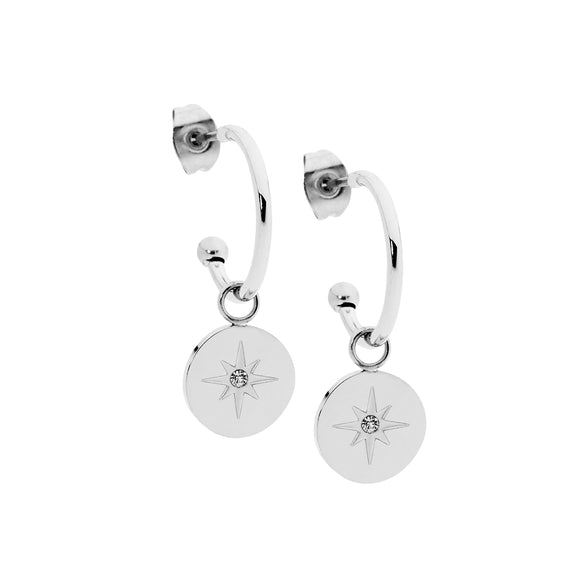 Stainless Steel hoop earrings with a star-shaped pattern on a disc, with a CZ in the center, featuring a post and butterfly fitting.