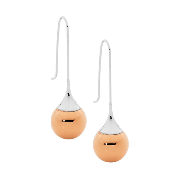 Stainless Steel long hook drop earrings with rose gold plated balls.