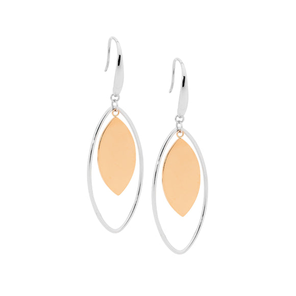 Double tear drop earrings. the open teardrop in silver colour and the solid internal teardrop in Rose gold Plated.