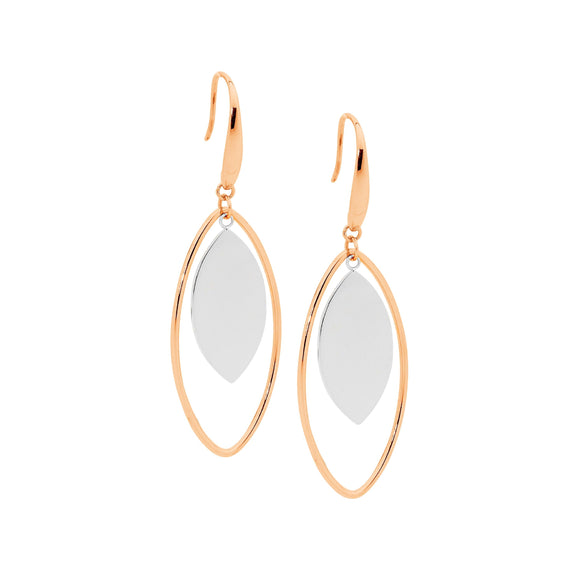 Rose Gold Plated Stainless Steel teardrop earrings. outer open teardrop is Rose Gold Plated, while the internal solid teardrop is Stainless steel.