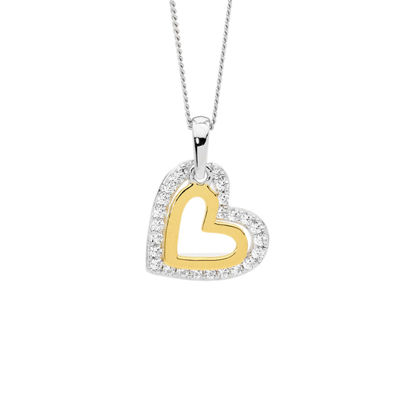 Two tone heart pendant, outer heart is Sterling Silver with CZs, internal heart is a Gold Plated open heart.