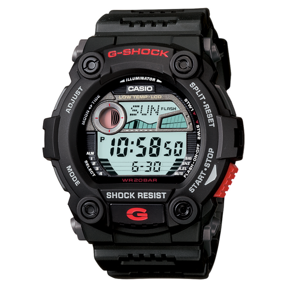 Casio G-Shock Black Digital Watch with red accents, featuring a large display and buttons, designed for shock and water resistance.
