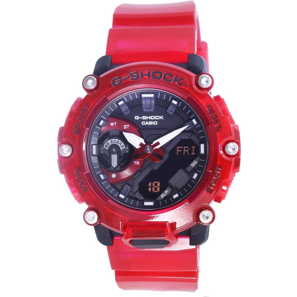A G-Shock Red Carbon core Ana-Digi watch, with a black face and black details on the case. 