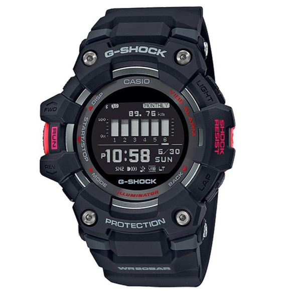 A Casio G-Shock G-Squad Bluetooth smartwatch with a black band and black case, featuring a digital display and red accents.