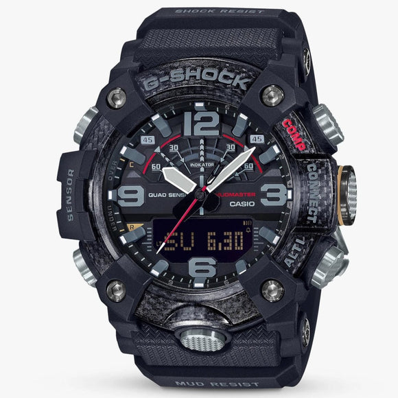 Casio G-Shock Black Quad Sensor Mud Master watch with digital and analog display, black band and case, and carbon fiber and red details.